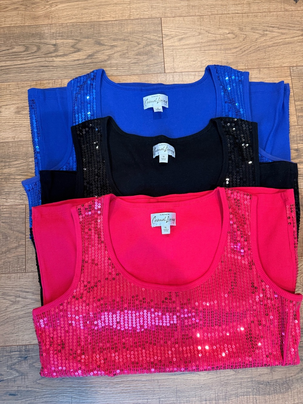 Women's Sequin Scoop Neck Tank - Pink, Black, Blue - by Casual Living - size 1X